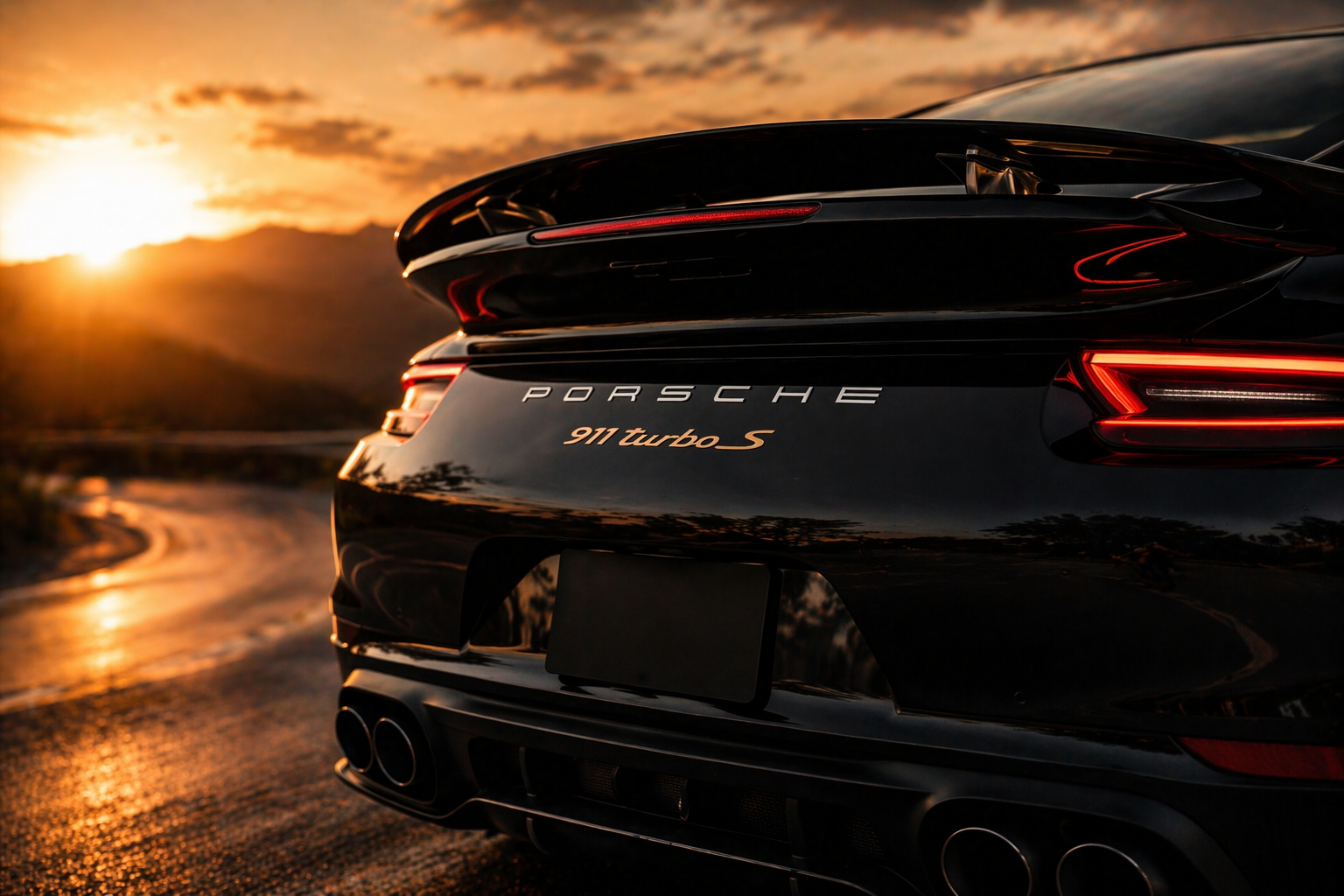 Classic Porsche 911s gathered by a tranquil lake at sunset